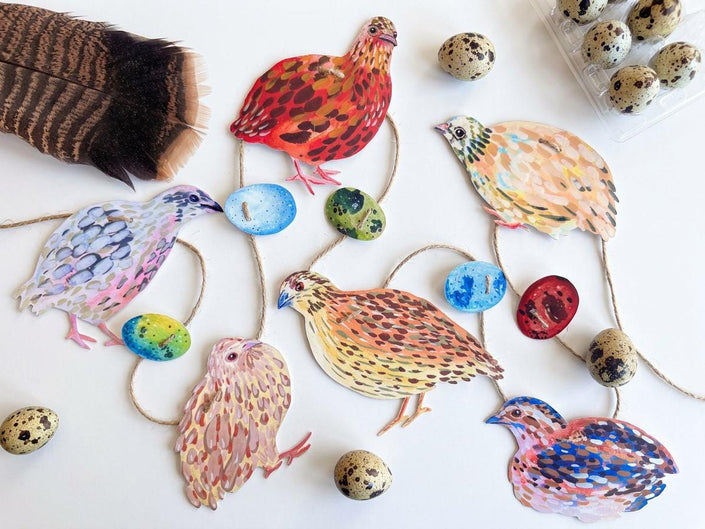 Illustrated Quail Garland, Paper Coturnix Quail Bunting, Cottagecore Wall Decor, Homesteader Gift, farm quail art