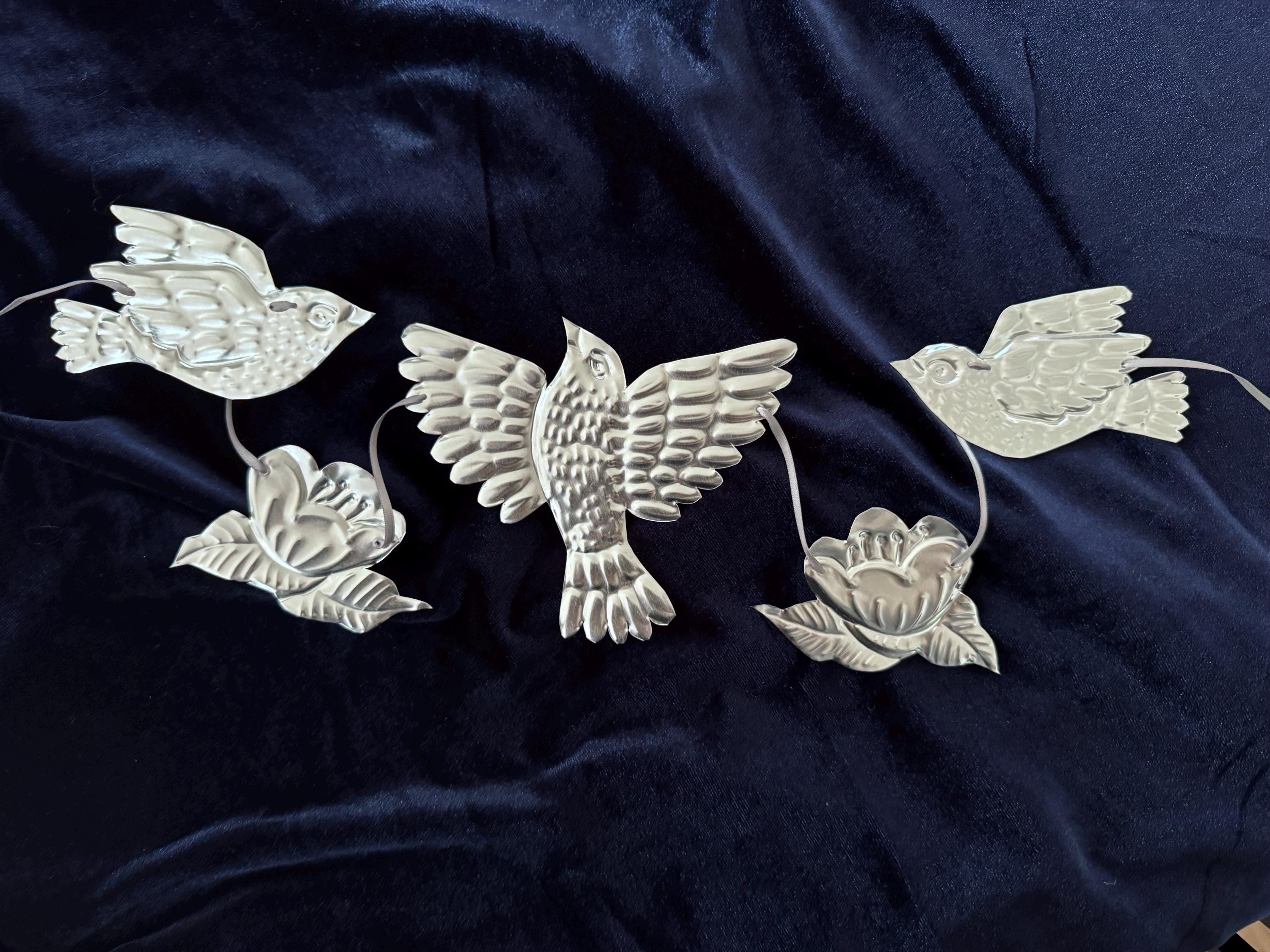 Embossed Tin Bird Garland - hand embossed metal flying bird and flower bunting - folk art tin birds wall banner
