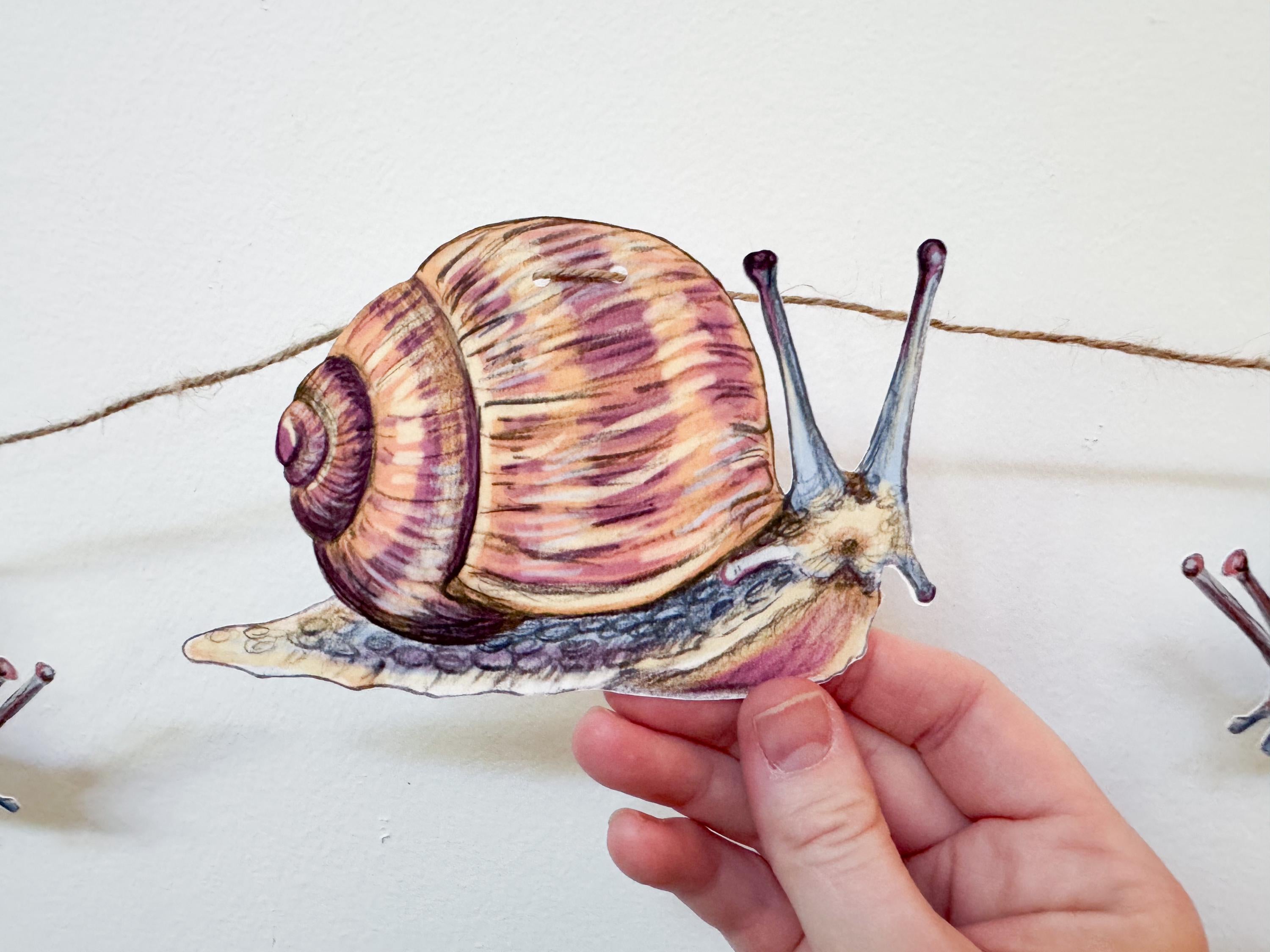 Illustrated Snail Garland, Paper Garden Snail Bunting, Cottagecore Wall Decor, Nature Lover Gift, forest floor bunting