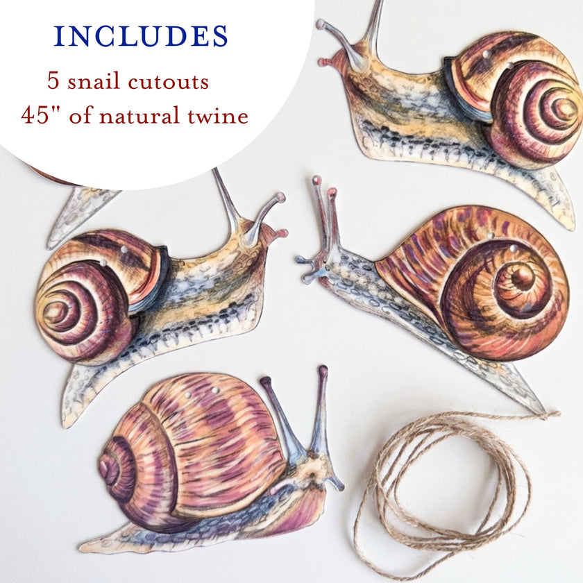 Illustrated Snail Garland, Paper Garden Snail Bunting, Cottagecore Wall Decor, Nature Lover Gift, forest floor bunting