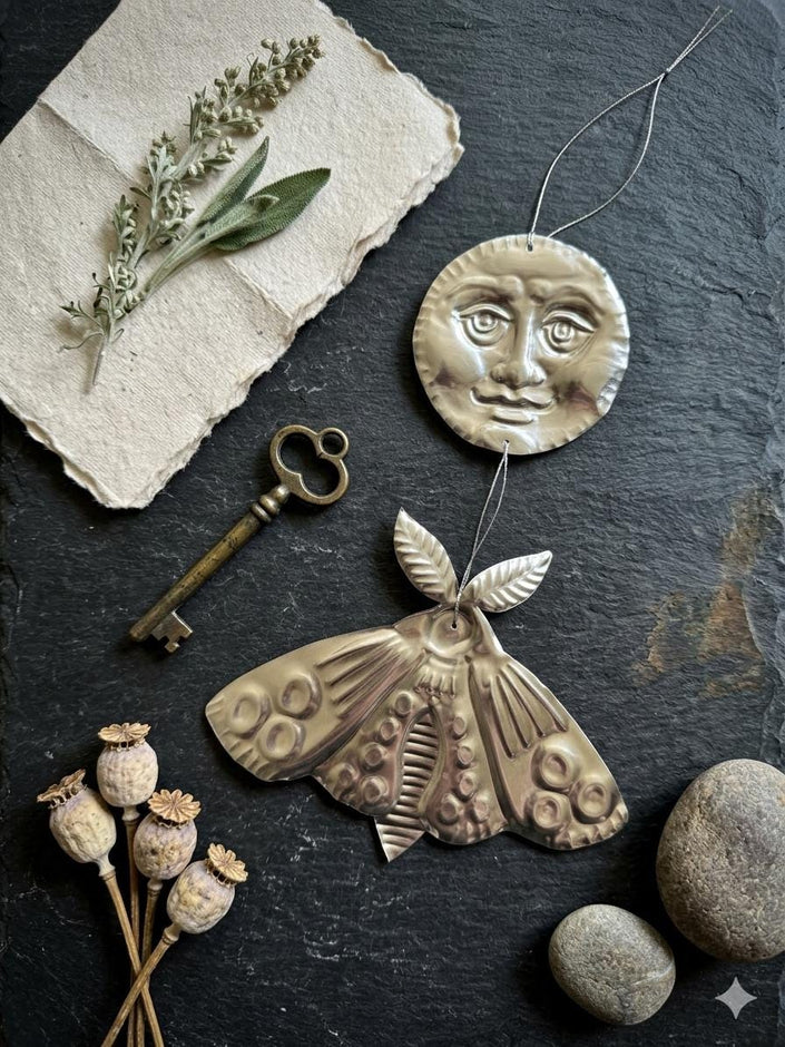Embossed Tin Wall Hanging | Handmade Moon and Moth Ornament, Handmade Folk Art Wall, Mirror Finish Celestial Decor, Small Tin Wall Charm