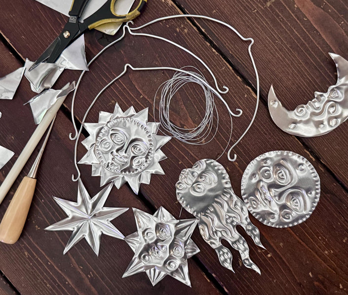 Celestial Mobile Tin Embossing Kit - DIY embossed metal foil kinetic mobile craft kit - crafting party kit