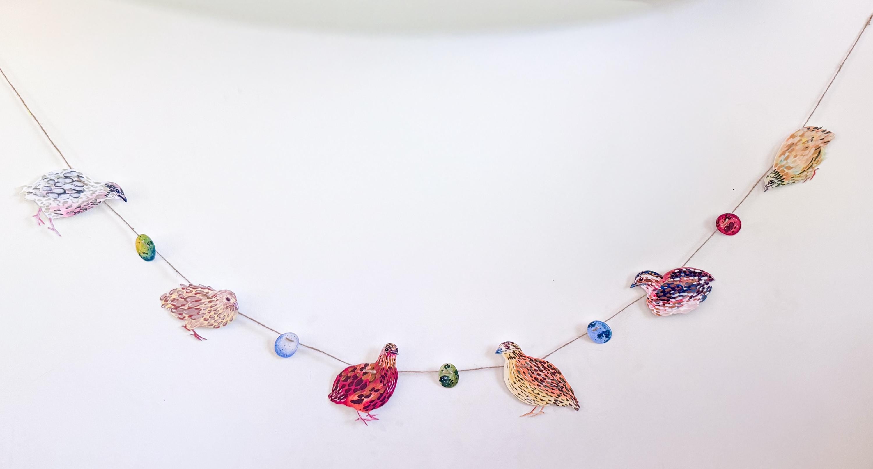 Illustrated Quail Garland, Paper Coturnix Quail Bunting, Cottagecore Wall Decor, Homesteader Gift, farm quail art