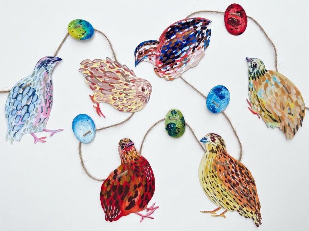 Illustrated Quail Garland, Paper Coturnix Quail Bunting, Cottagecore Wall Decor, Homesteader Gift, farm quail art