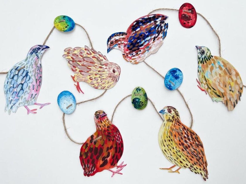 Illustrated Quail Garland, Paper Coturnix Quail Bunting, Cottagecore Wall Decor, Homesteader Gift, farm quail art