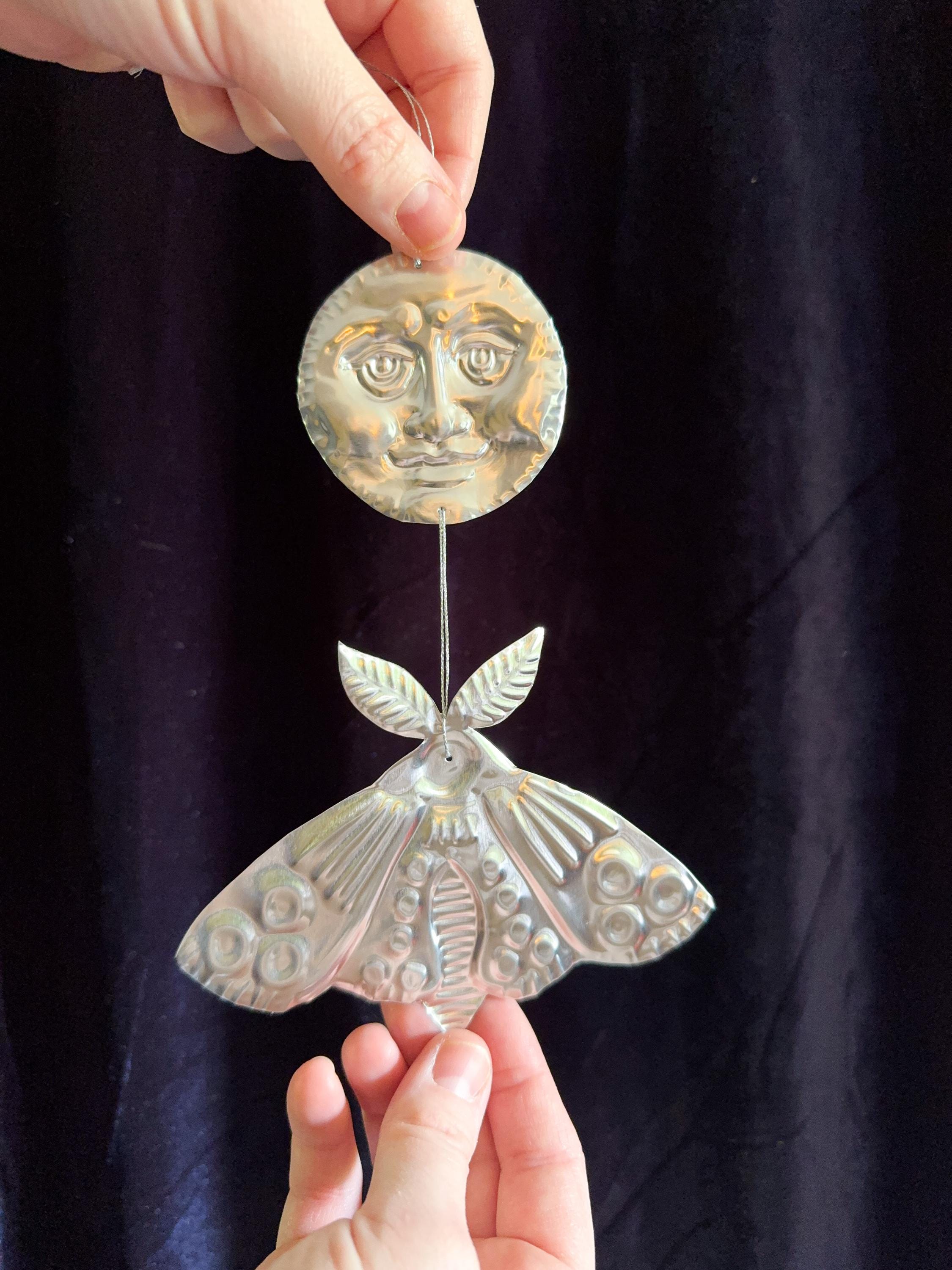 Embossed Tin Wall Hanging | Handmade Moon and Moth Ornament, Handmade Folk Art Wall, Mirror Finish Celestial Decor, Small Tin Wall Charm