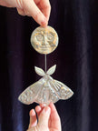 Embossed Tin Wall Hanging | Handmade Moon and Moth Ornament, Handmade Folk Art Wall, Mirror Finish Celestial Decor, Small Tin Wall Charm