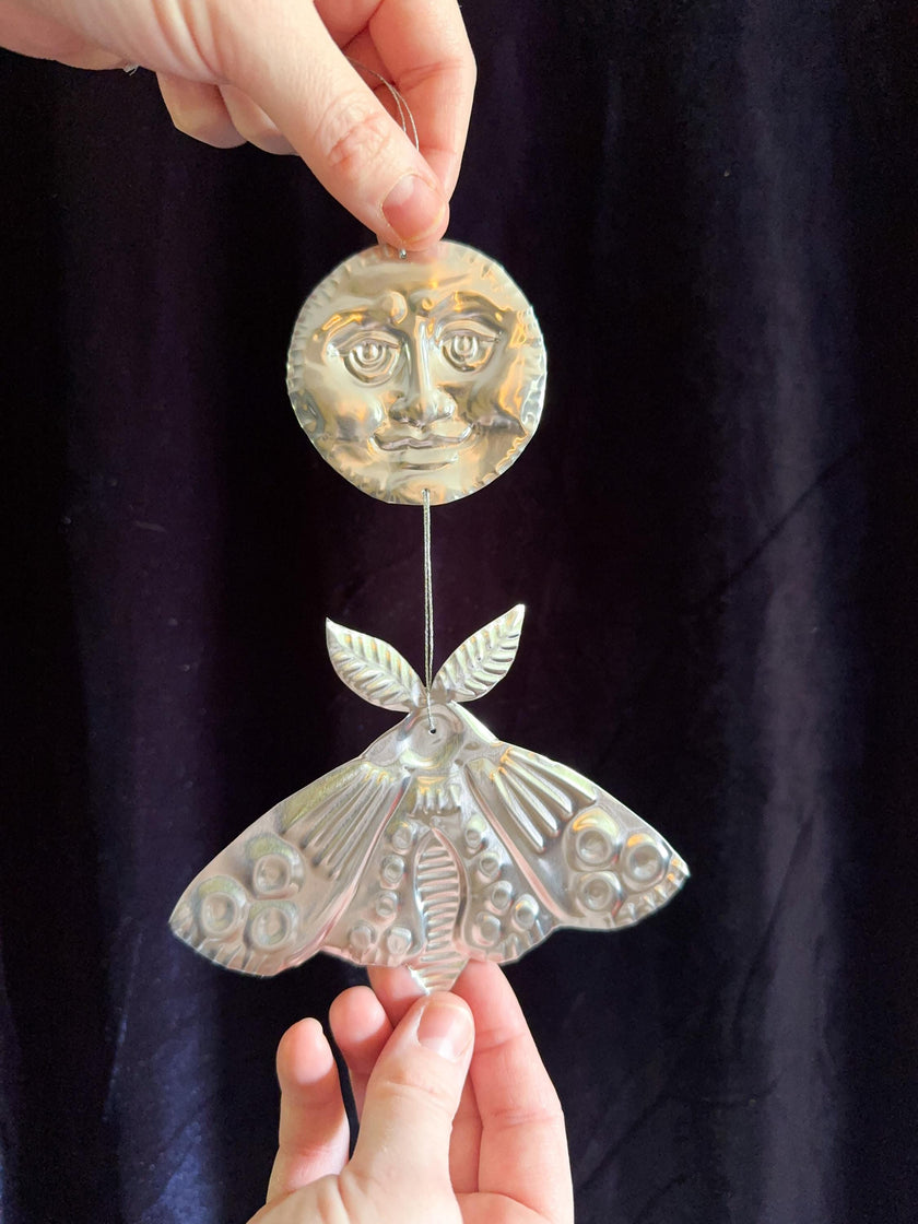 Embossed Tin Wall Hanging | Handmade Moon and Moth Ornament, Handmade Folk Art Wall, Mirror Finish Celestial Decor, Small Tin Wall Charm