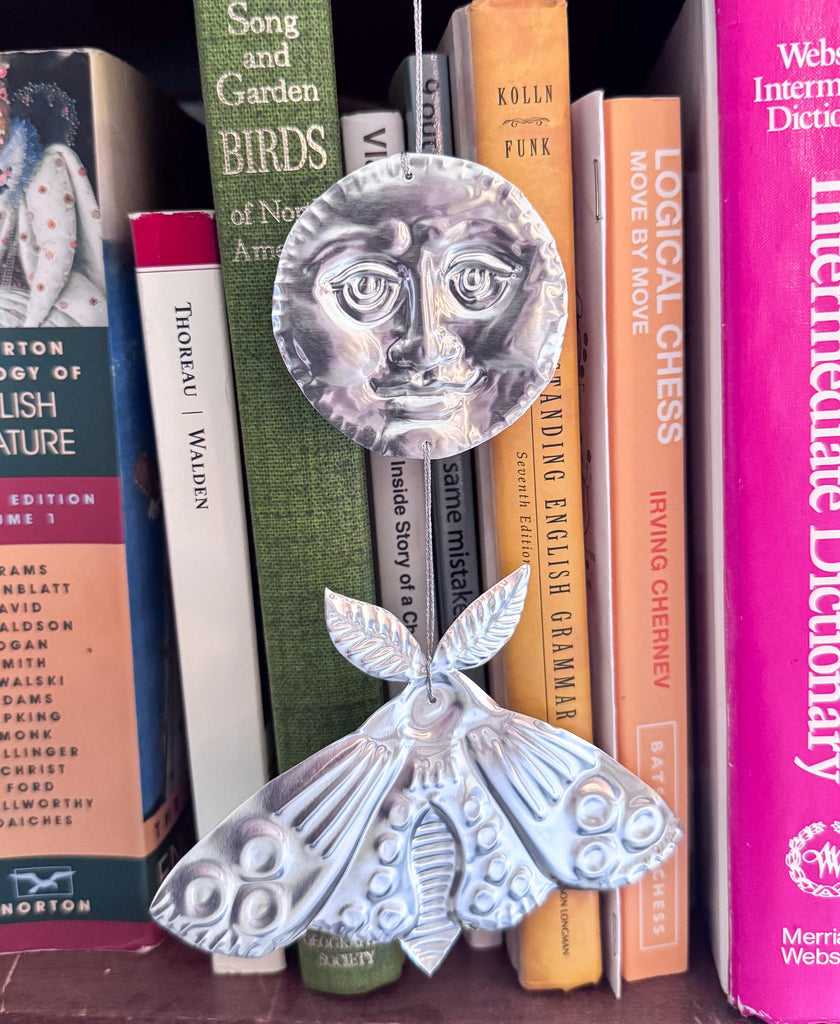 Embossed Tin Wall Hanging | Handmade Moon and Moth Ornament, Handmade Folk Art Wall, Mirror Finish Celestial Decor, Small Tin Wall Charm