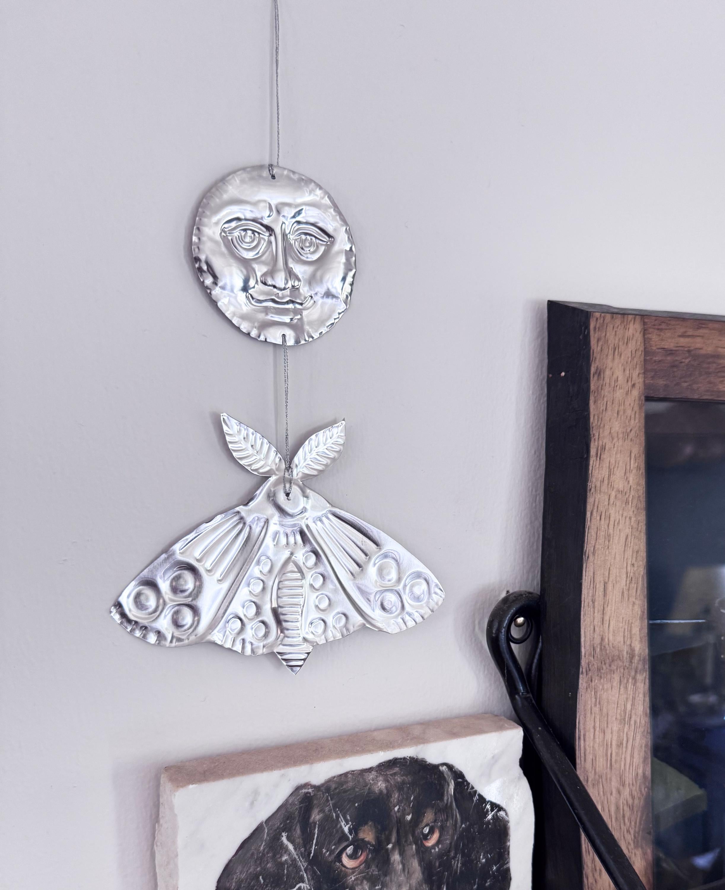 Embossed Tin Wall Hanging | Handmade Moon and Moth Ornament, Handmade Folk Art Wall, Mirror Finish Celestial Decor, Small Tin Wall Charm