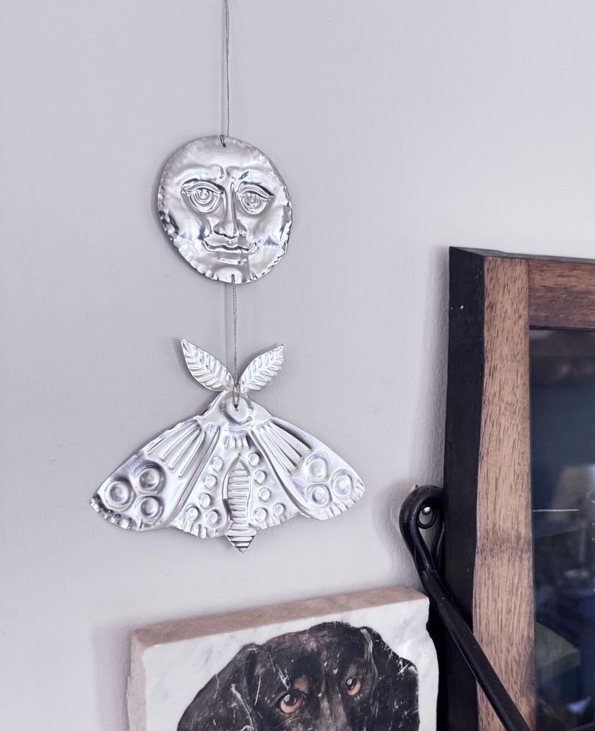 Embossed Tin Wall Hanging | Handmade Moon and Moth Ornament, Handmade Folk Art Wall, Mirror Finish Celestial Decor, Small Tin Wall Charm