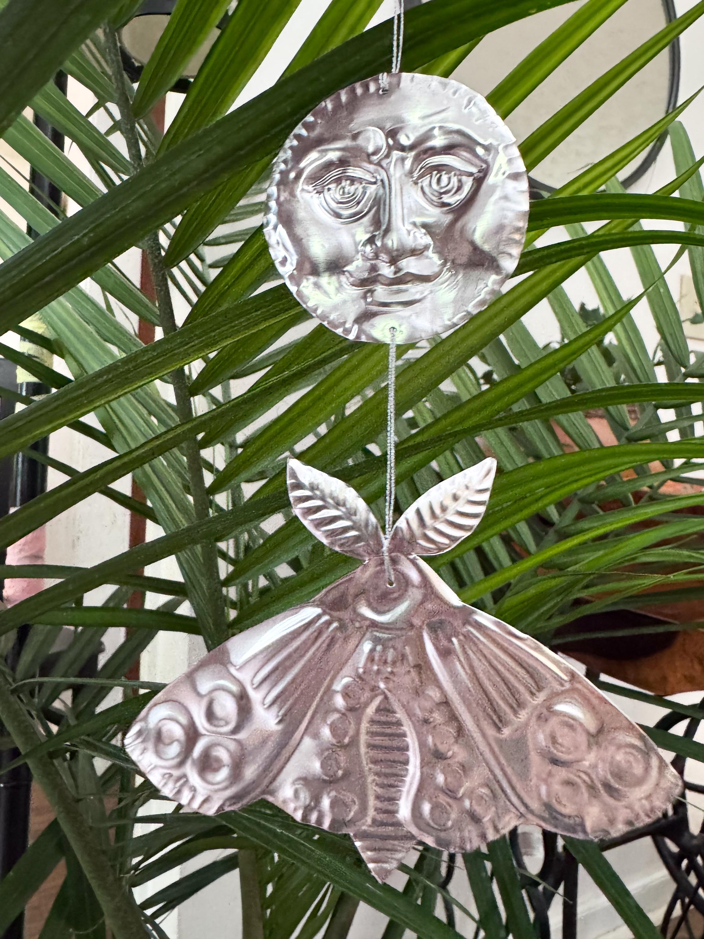 Embossed Tin Wall Hanging | Handmade Moon and Moth Ornament, Handmade Folk Art Wall, Mirror Finish Celestial Decor, Small Tin Wall Charm