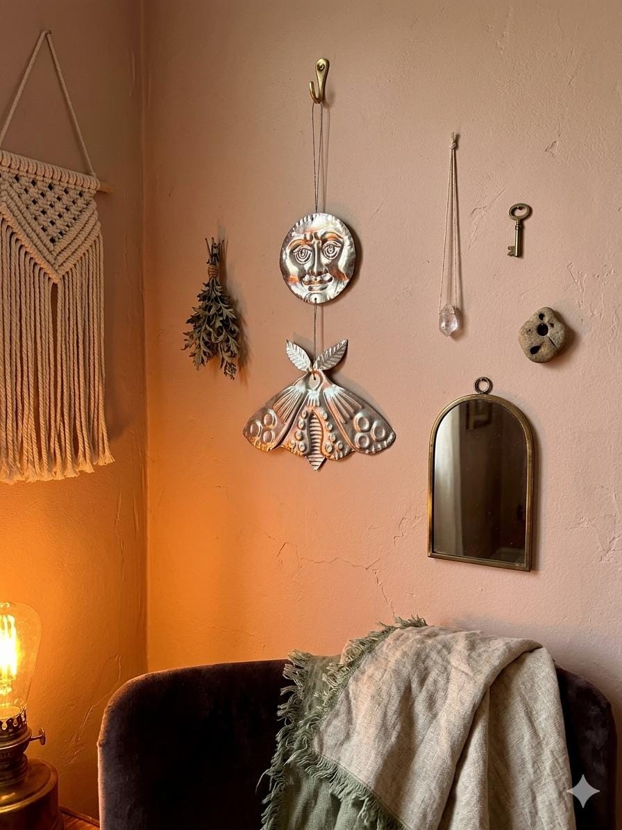 Embossed Tin Wall Hanging | Handmade Moon and Moth Ornament, Handmade Folk Art Wall, Mirror Finish Celestial Decor, Small Tin Wall Charm
