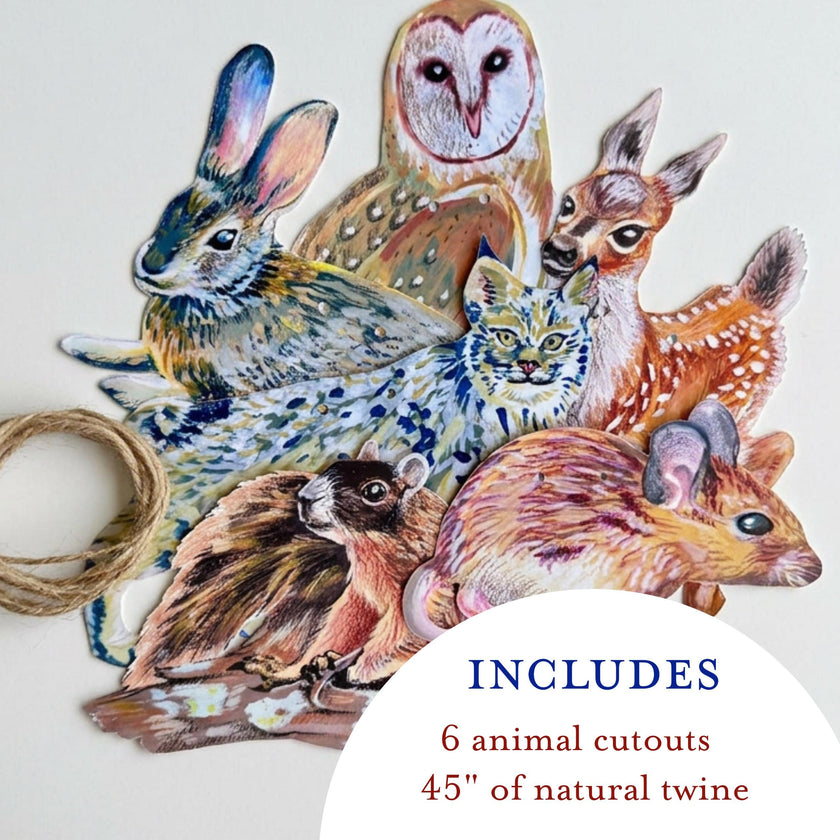 Woodland animals illustrated paper garland - owl, rabbit, bobcat, deer, mouse, and squirrel forest creatures banner -