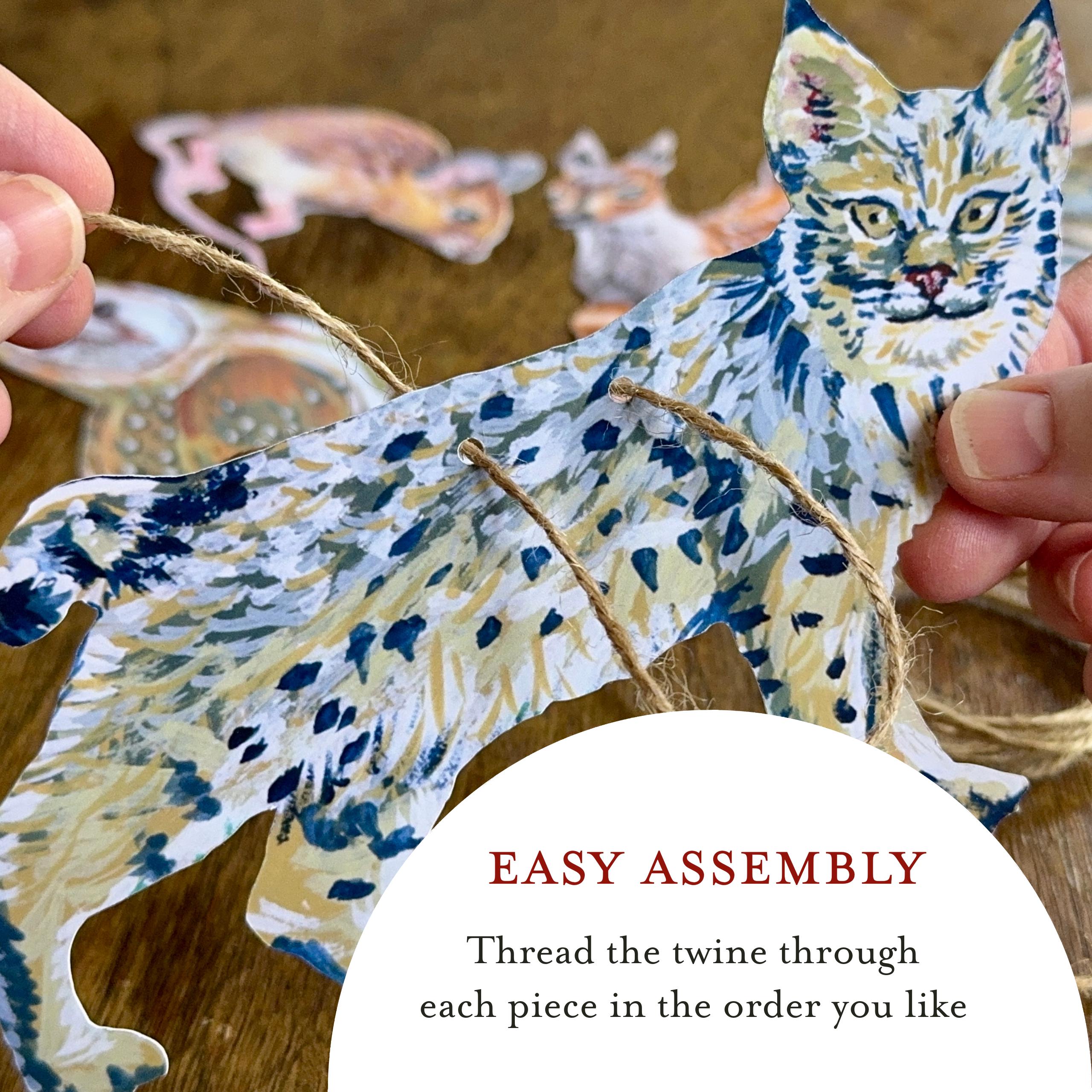 Woodland animals illustrated paper garland - owl, rabbit, bobcat, deer, mouse, and squirrel forest creatures banner -